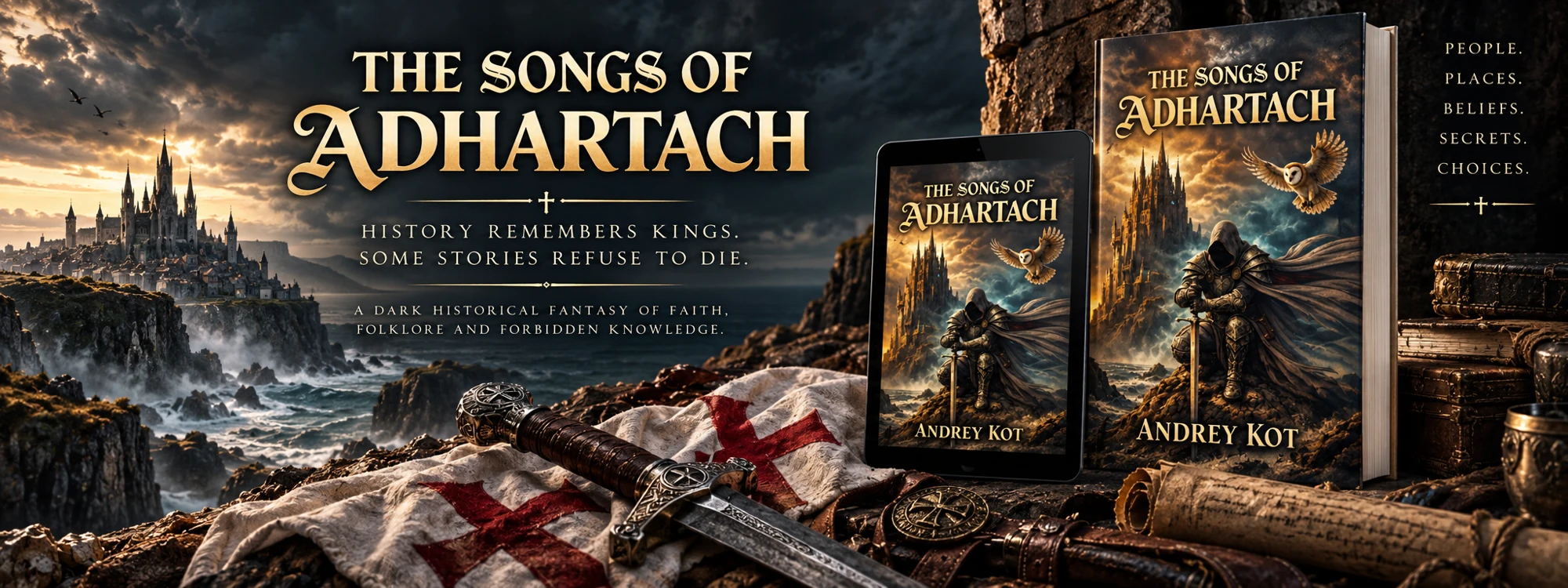 The Songs of Adhartach. History remembers kings. Some stories refuse to die. A dark historical fantasy of faith, folklore and forbidden knowledge.
