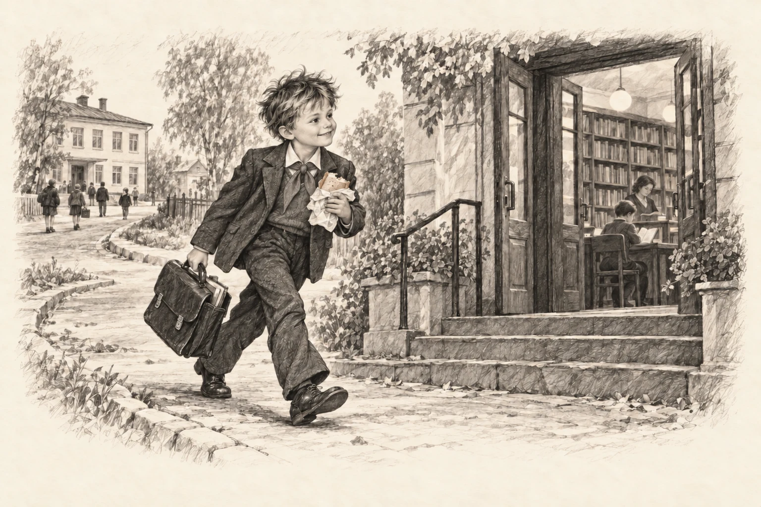 Pencil drawing of a schoolboy with a Pioneer neckerchief, satchel and sandwich walking to the library.