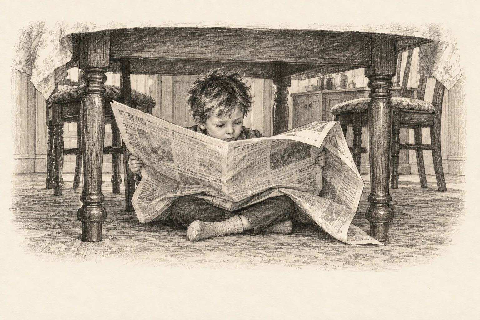 Pencil drawing of a little boy reading a large newspaper alone, hidden under a table.